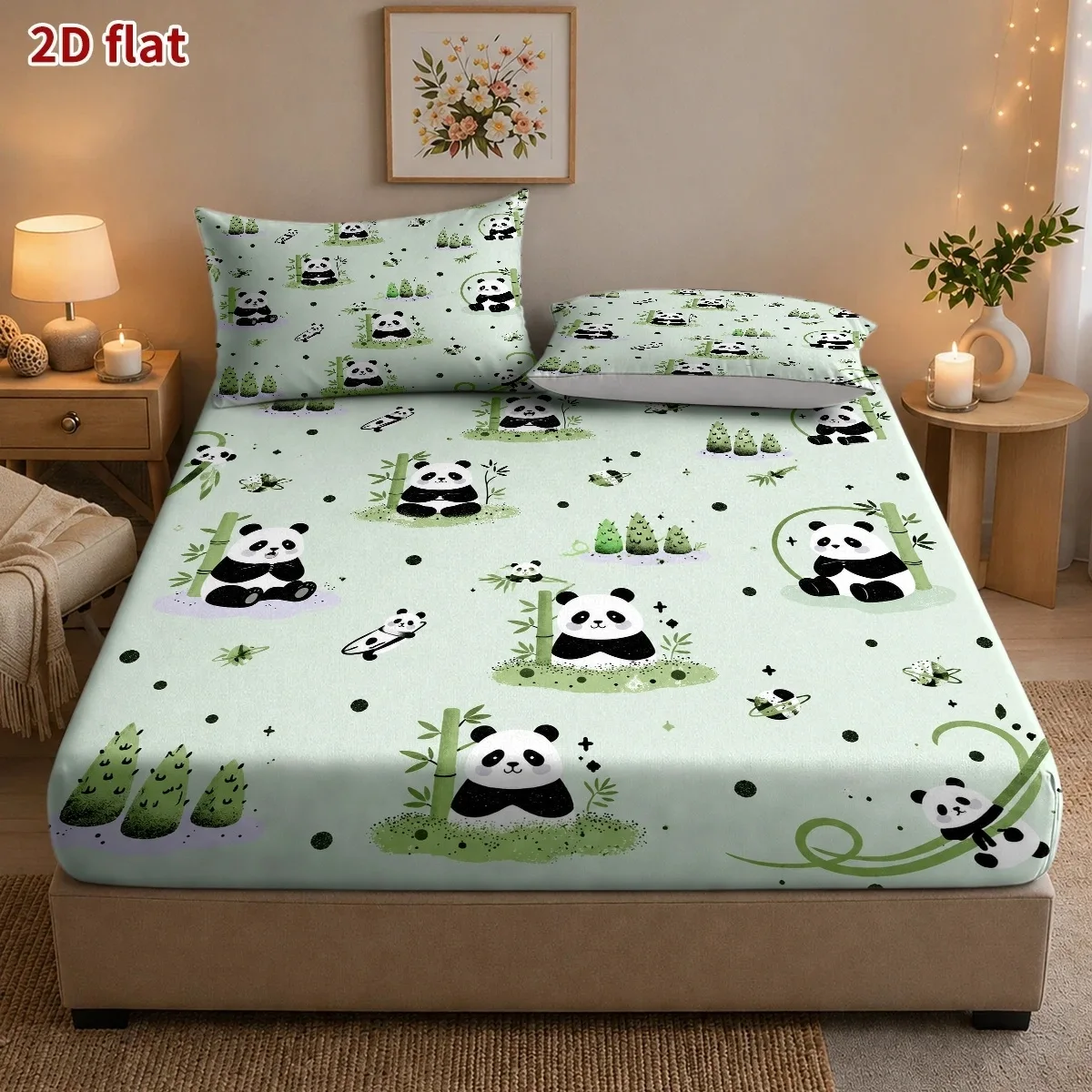 2D Cute Bear Panda Series Bed Sheets Set Flower Printed Fitted Sheets with Pillowcase for Bed