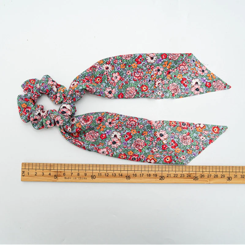 Fashion Flower Print Bow Satin Long Ribbon Ponytail Scarf Tie Scrunchies Women Girls Elastic Bands Hair Accessories