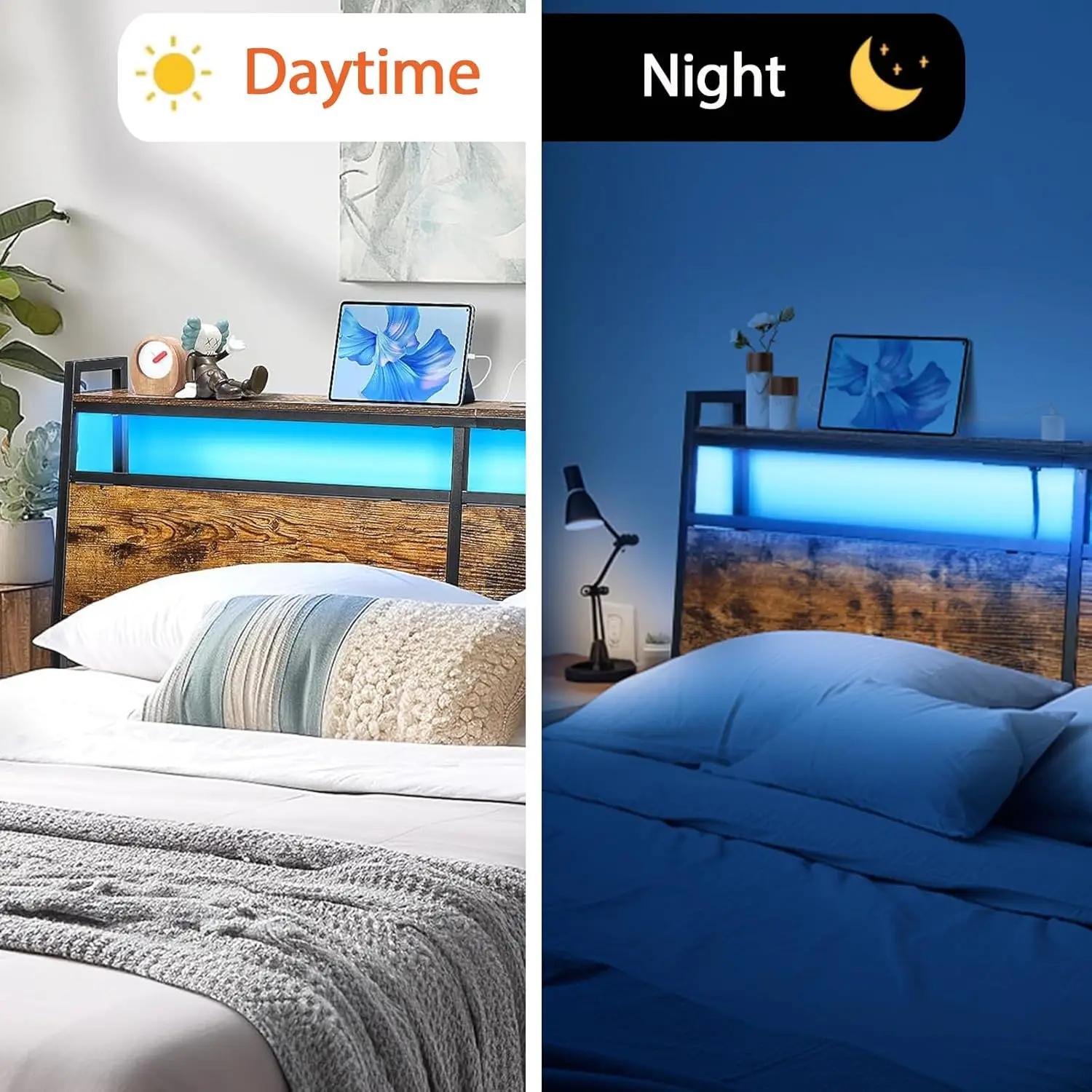 LED ukuran Queen Headboard dengan 60,000 warna lampu LED & 2 Outlet dan 2 Port USB + Tipe C Port, Headboard dengan penyimpanan Atta