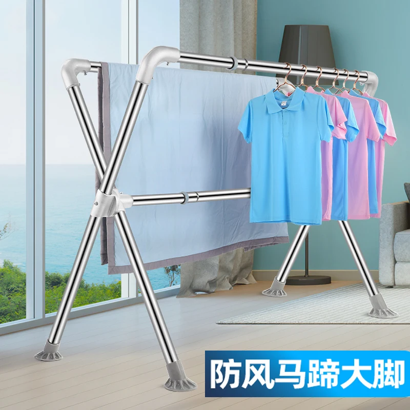 Stainless steel clothes rack floor folding telescopic double-pole indoor clothes rack balcony bask in the quilt artifact