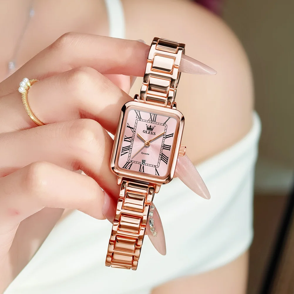

OLEVS Luxury Brand Elegant Square Dial Rose Gold Women's Watches Fashion Quartz Watch Date Waterproof Female Watch NEW