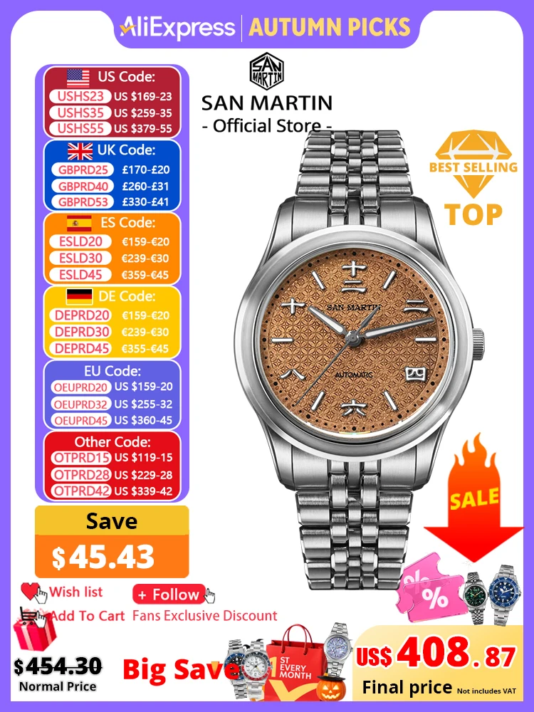 San Martin Retro Distressed Chinese Ancient Coin Textured Dial Miyota 90S5 Original Design Men Automatic Mechanical Watch SN0144