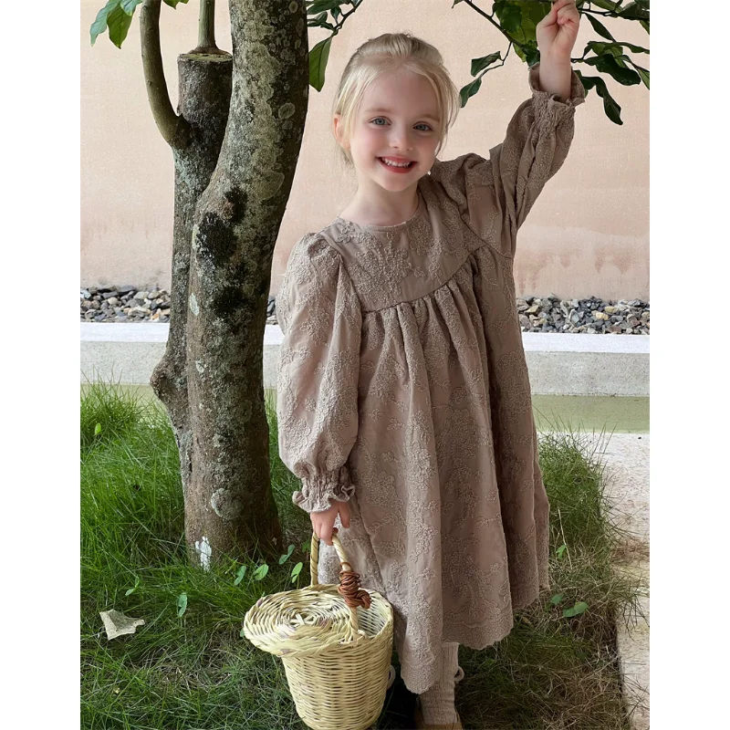 

Children Dress 2023 Spring Autumn Girls Long Sleeved Princess French Style Sweet Three Dimensional Embroidery Casual Dress
