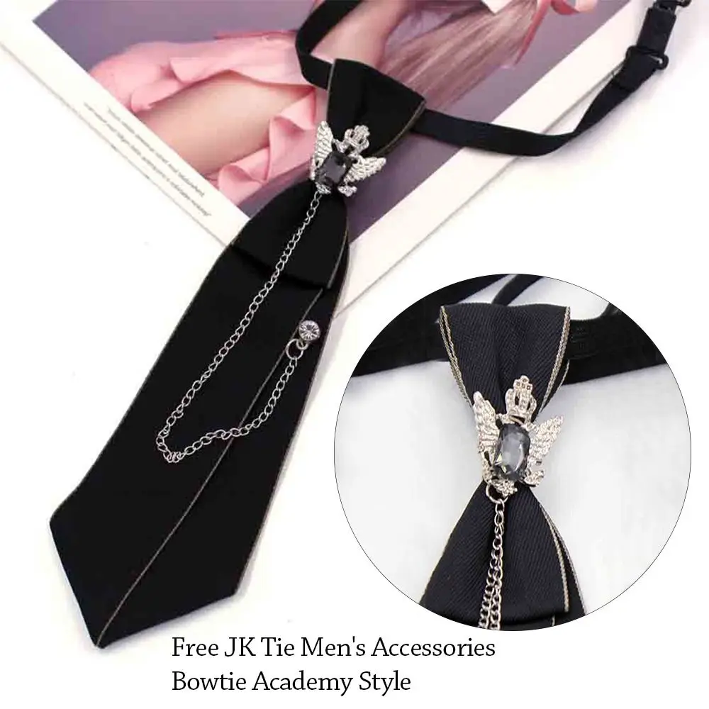 Fashion Metal Chain Black Necktie Crystal Pendant Gothic Jewelry Bowtie Pre-Tied Adjustable JK Shirt Decoration Men Women