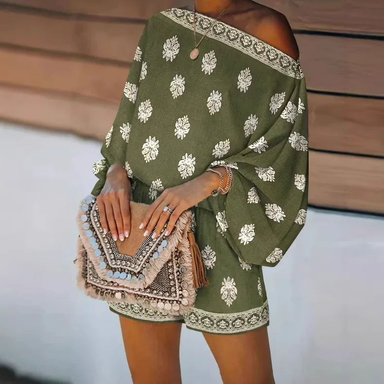 Women Bohemian Style Slanted Neck Lantern Sleeve Printed Jumpsuit Playsuit