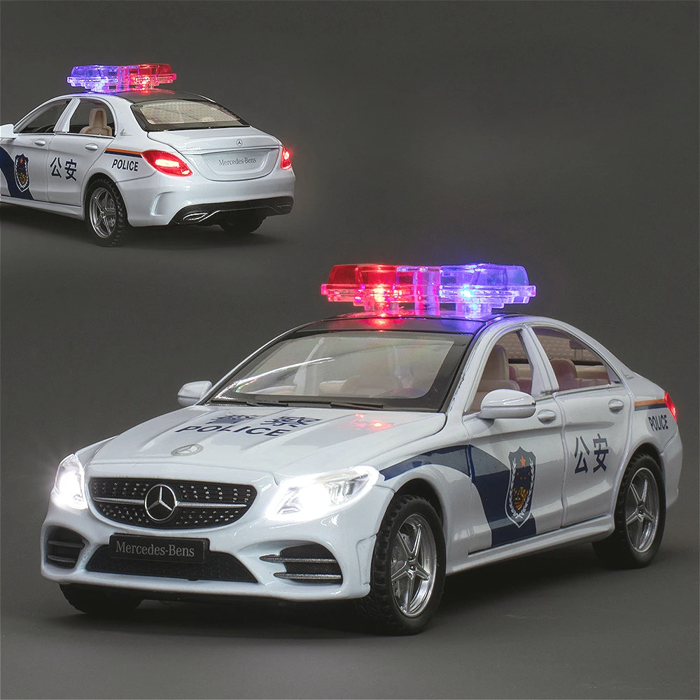 1:32 Mercedes-Benz C260 police car Diecast Car Metal Model With Light And Sound Pull Back car Alloy Toy Collection For Gift A629