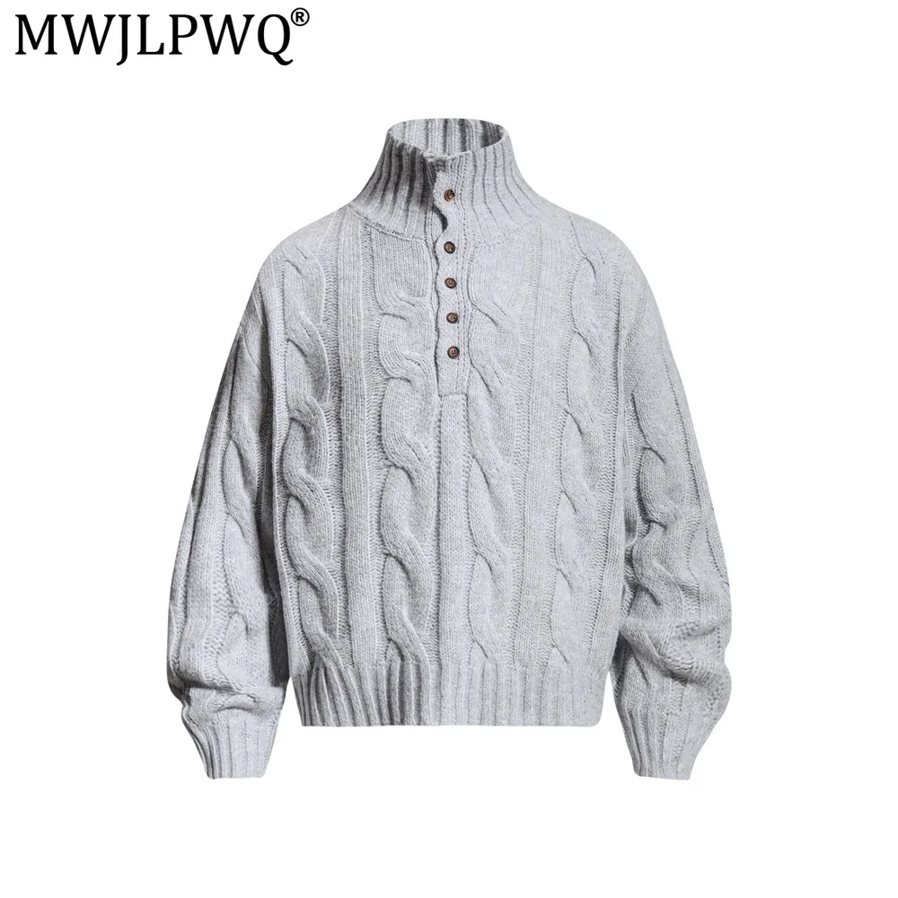 MWJLPWQ Single-Breasted Turtleneck Sweater For Men American Trendy Solid Color Twisted Pattern Casual Loose-Fit Tops New 20812