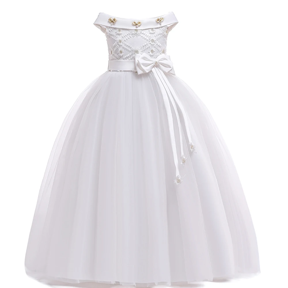 Girls Long White Bridesmaid Dresses For Wedding Prom Gown Bow Flower Party Princess Dress Kids First Communion Birthday Clothing