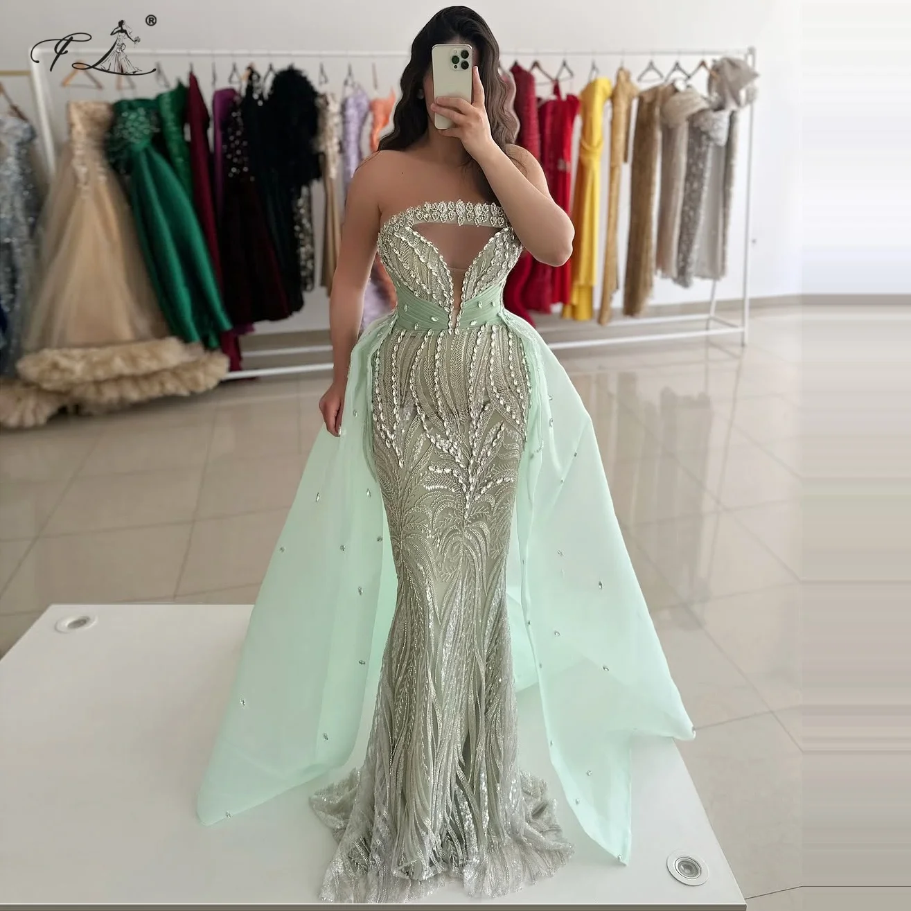 Crystal Embroidered Mermaid Dress Little Green Evening Gown With a Train Faux See-Through Neckline Cocktail Dress Customization