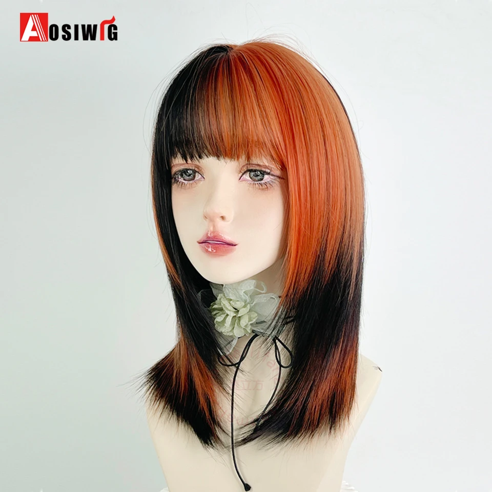 Synthetic Short Straight Hair Black dirty orange bangs highlight dyed Wigs Lolita Cosplay Hair Wig For Women Y2K daily color pun