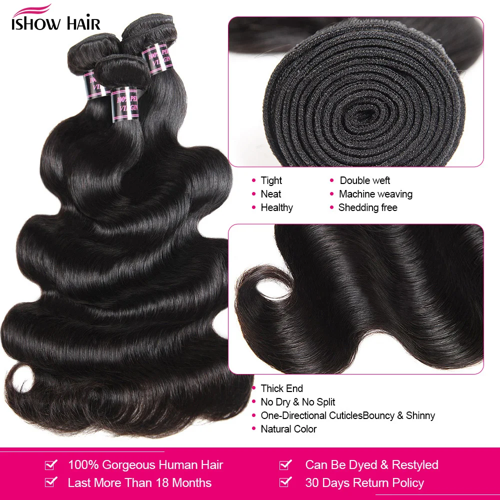 Isshow-Indian Body Wave Pacotes com Fechamento, 100% Cabelo Humano, Fechamento de Renda com Cabelo Do Bebê, Não Remy Hair Weave, 3 Pacotes