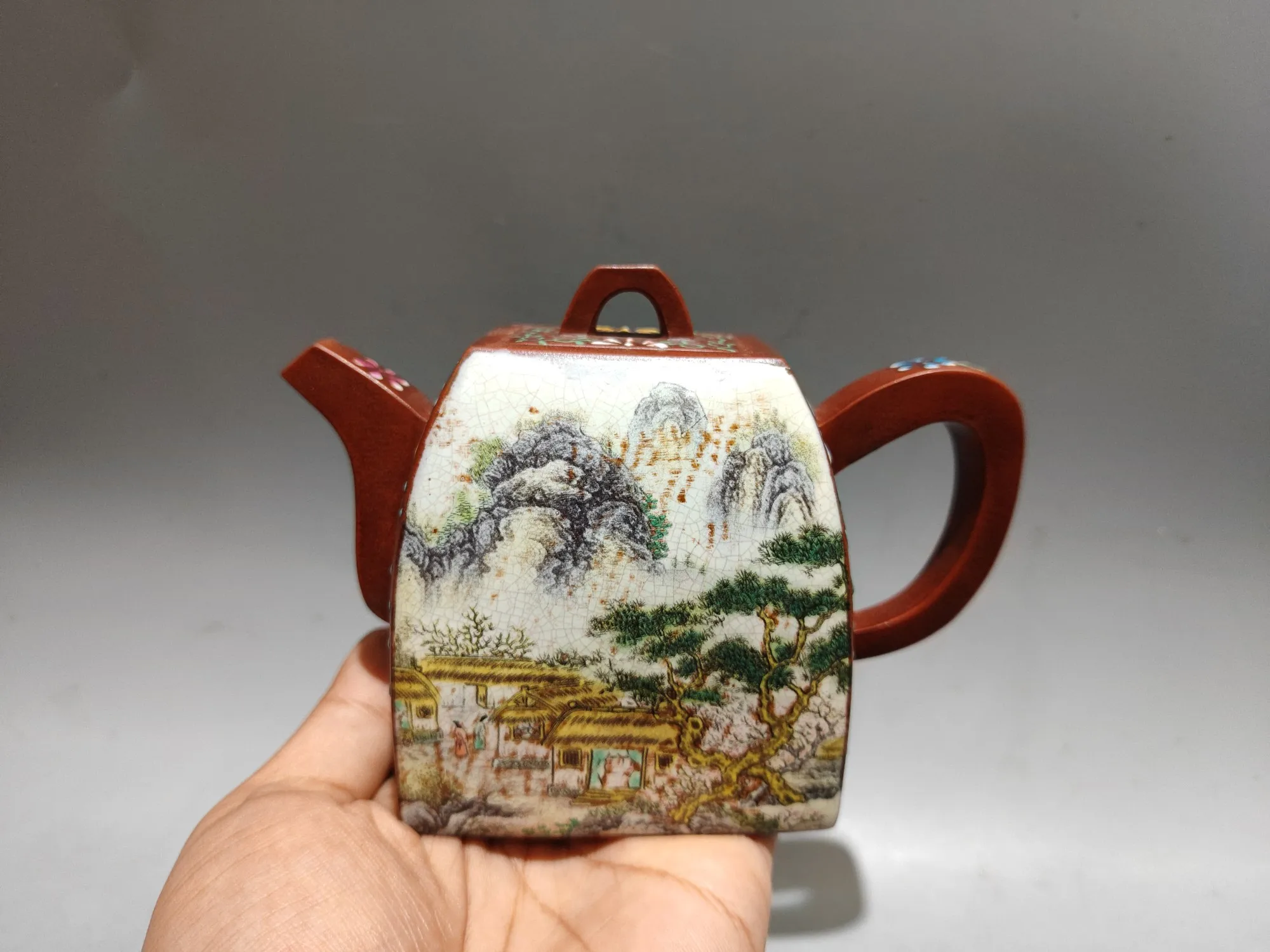 Yixing Purple Clay Teapot Painted Flower landscape pattern Four sided teapot 2 cups Kettle Teapot Amass wealth Ornaments Town