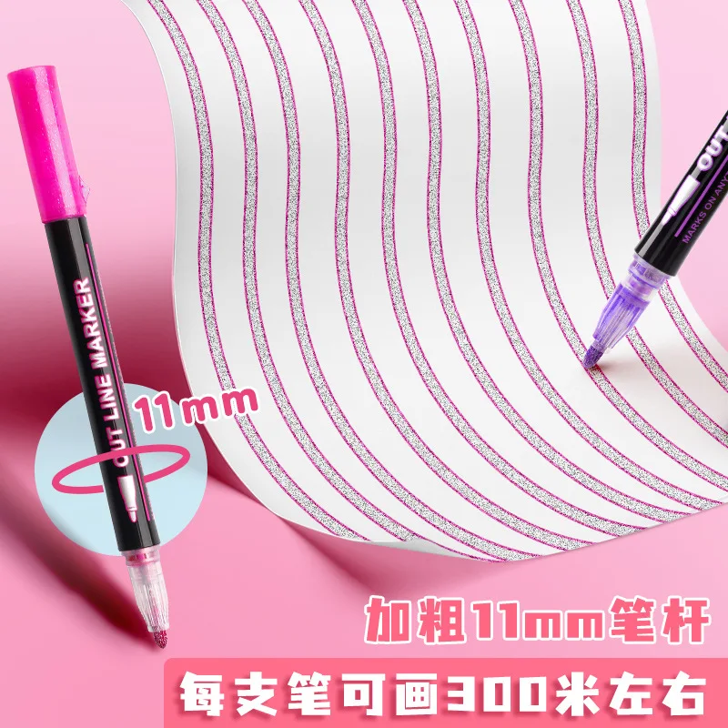 12-24 Color Bold Pearl Light Double Line Contour Pen Colour Hand Copy Colour Pen Marker Pen Christmas New Year Pen