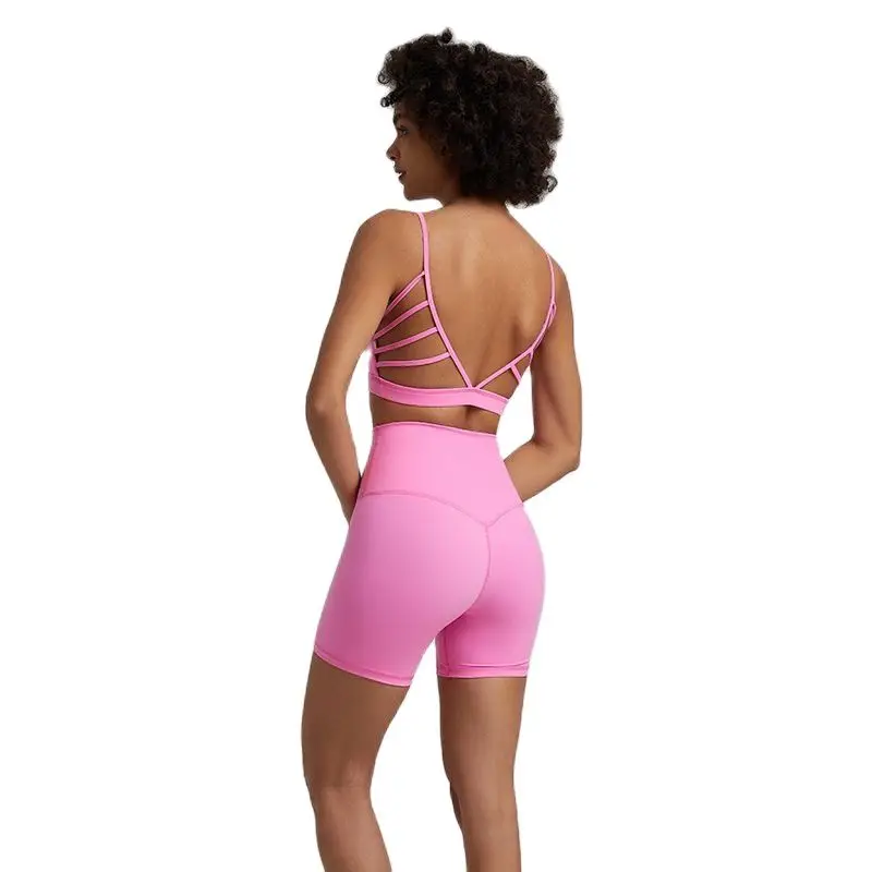 Solid Color Soft Women Sport Suit High Waist Shorts Cross Fitness Bra 2pc Short Legging Yoga Set Gym Workout Training Hollow Out