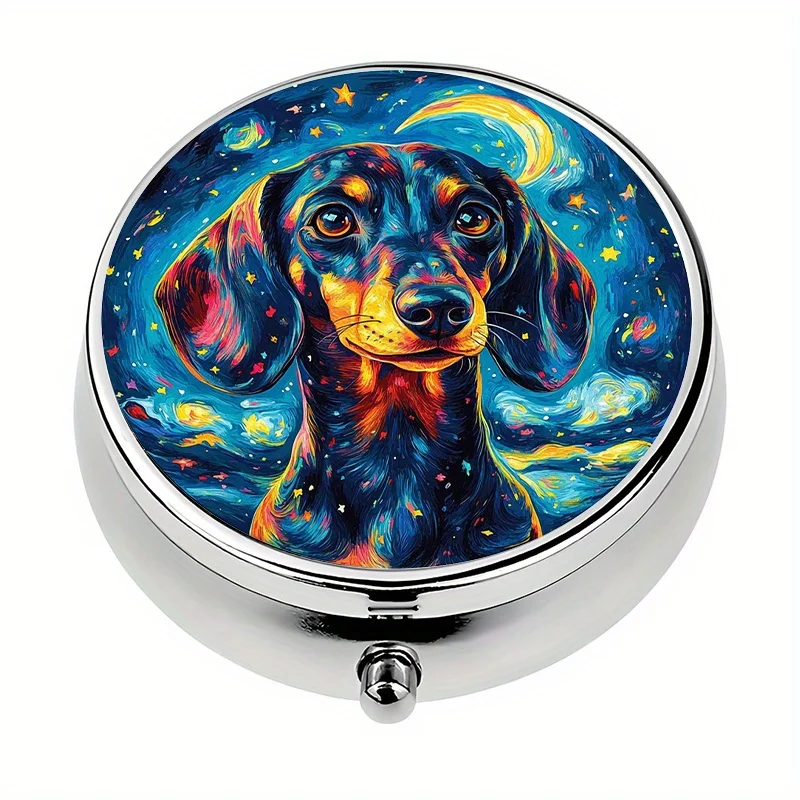 1 pill box, 3 compartments with a Starry Night Daxi dog pattern, mini pill box, medication storage box, travel-friendly unique gift