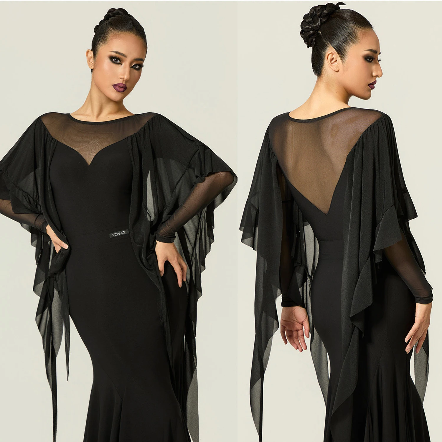 Fashion Women'S Latin Dance Performance Costume Waltz Ballroom Dance Clothing Black Ruffled Sleeves Latin Top Skirts SL15225