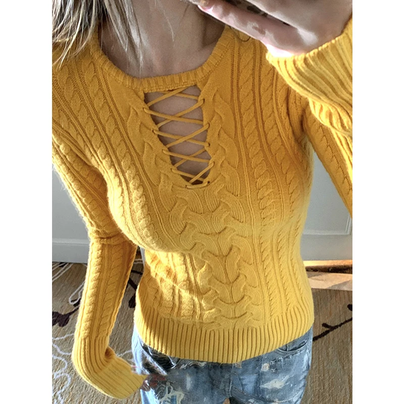 

Autumn Sweet Women Solid Color Korean Elegant Jumper Slim Fit Knitted Bottoming Tops New Hollow Out Long Sleeve Pullover Sweater