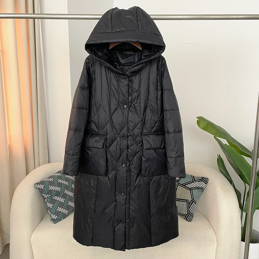 White Duck Down Padded Down Jacket Women\'s 2024 Autumn/Winter Korean Casual Thickened Warm Hooded Mid-length Down Jacket