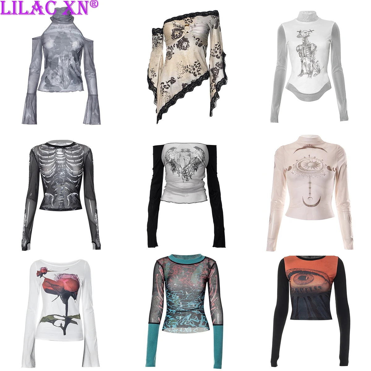 Y2K Sexy Lace Mesh See Through T-Shirts Goth Graphic Print Long Sleeve Knit Patchwork Tops Vintage Women Summer Streetwear