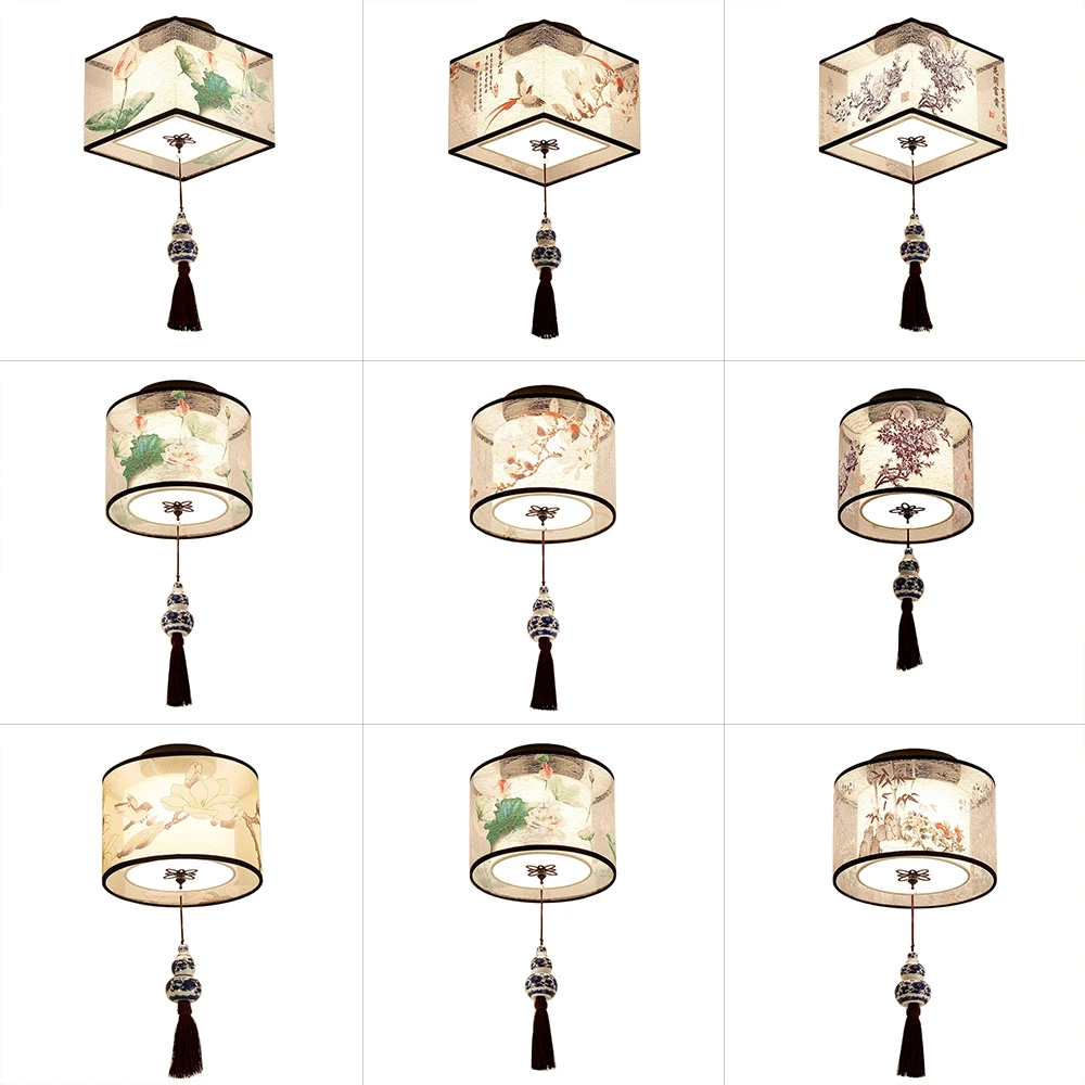 Chinese Round Square Ceiling Lights Fixtures Fabric for Living Room Aisle Shade Mounted Lampa Sufitowa Japanese Led Ceiling Lamp