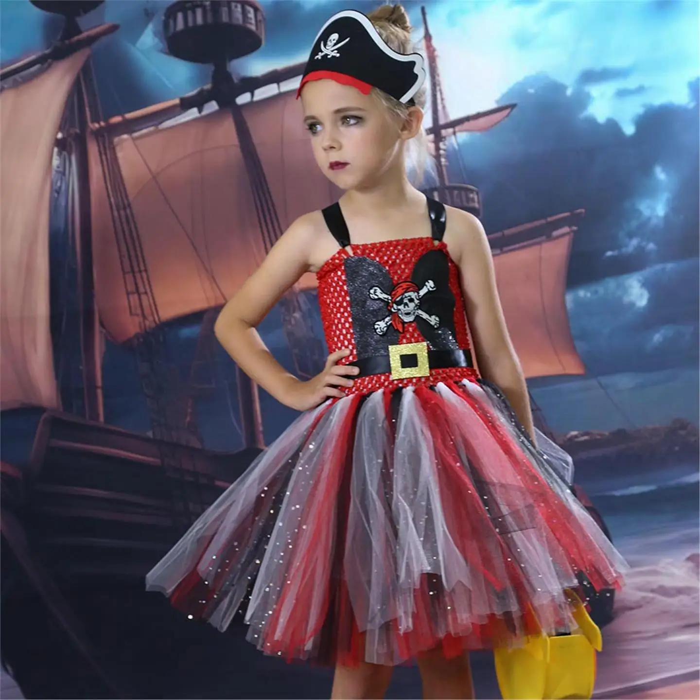 Caribische Piraat Prinses Rok voor Meisjes Halloween Skelet Hoofd Tutu Rok Kindermaskerade Dans Cosplay Kostuum