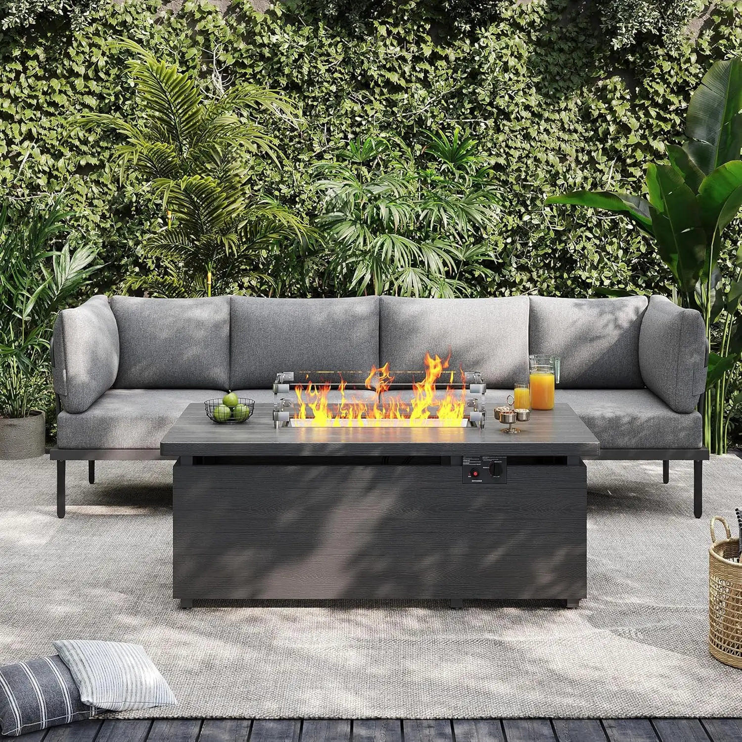 

5 Piece Patio Furniture Set with Fire Pit Table Metal Sectional Sofa Olefin Cushion Backyard Poolside, Customized