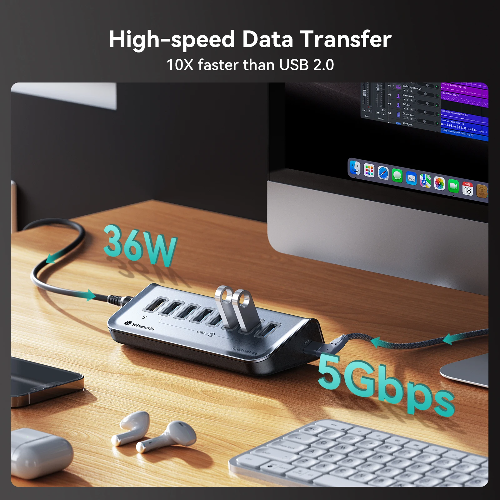 Imagem -02 - Yottamaster-hub Usb de Alta Velocidade tipo a Docking Station Adaptador para Laptop Mac 5gbps Portas Usb 3.2 Gen1 18w Carregamento Rápido