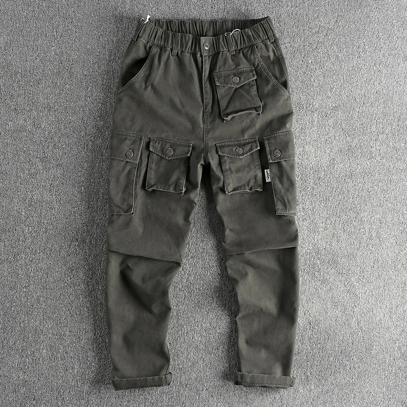 Heavy Woven Wash Cotton Retro Cargo Multi-pocket Casual Pants Men's Loose Straight Leg Trend Pants