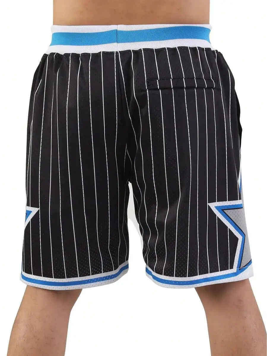 

Mens Black Pinstripe Basketball Shorts Vintage Mesh Embroidery Zip Pocket Sports