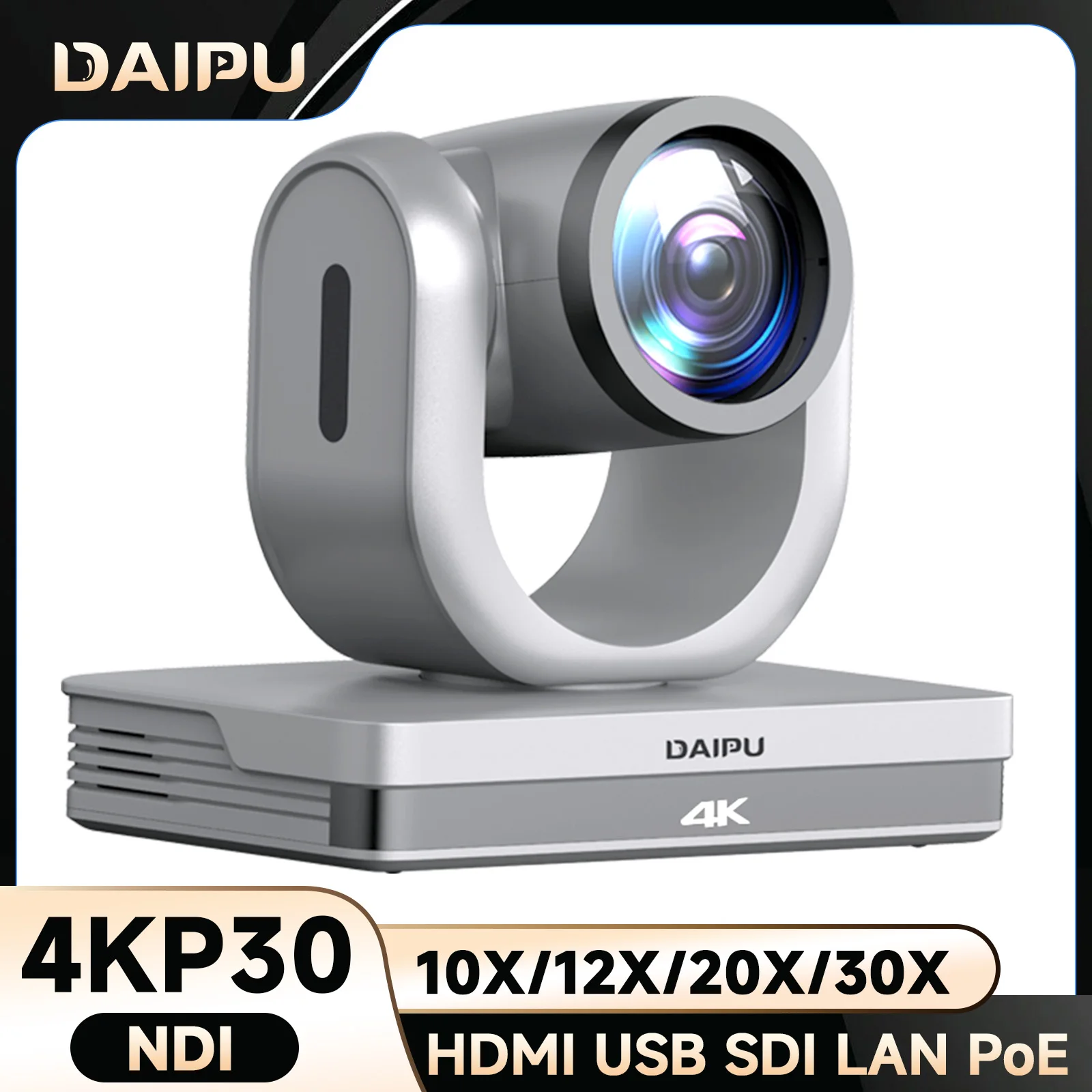 

DAIPU NDI PTZ-камера 4K 1080P 30X 20X 12X 10X Оптический зум HDMI USB3.0 LAN POE SDI AI Автоматическое отслеживание Конференц-зал Камера PTZ-камера для церковного поклонения Прямая трансляция видеоконференции с Youtube Facebook Live Zoom