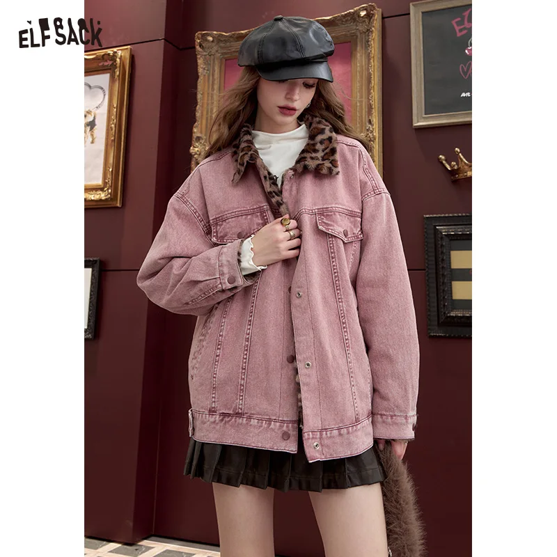 ELFSACK 2024 Winter New Arrivals American retro dirty pink denim jacket for women with leopard print lapel jacket