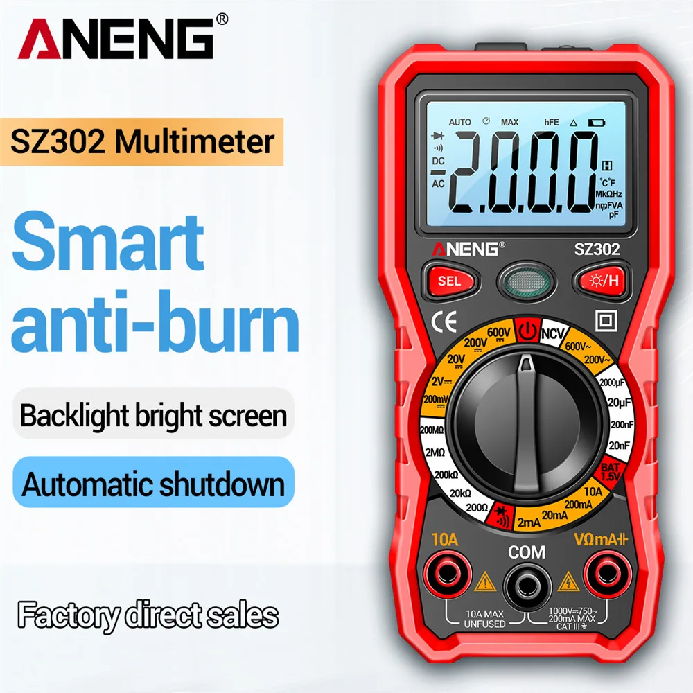 ANENG SZ302 Digital Multimeter AC/DC Voltage Tester 2000 Counts Professional Multimeter NCV Detector Resistance Meter with Light