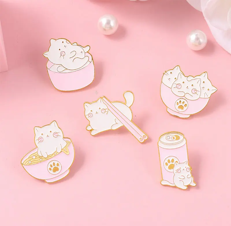 Cat and Food Enamel Pin Pink Can Chopsticks Noodle Bowl Brooches Metal Badges Bag Clothes Pins Up Jewelry Gift for Cat Lover