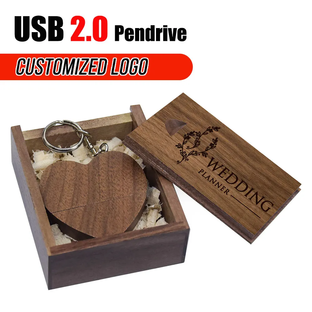 

（Free Custom LOGO) USB Flash Drives 64GB Wooden Heart + Box Pendrives 32GB Wedding Gifts USB 2.0 Memory Stick 16GB 8GB 4GB