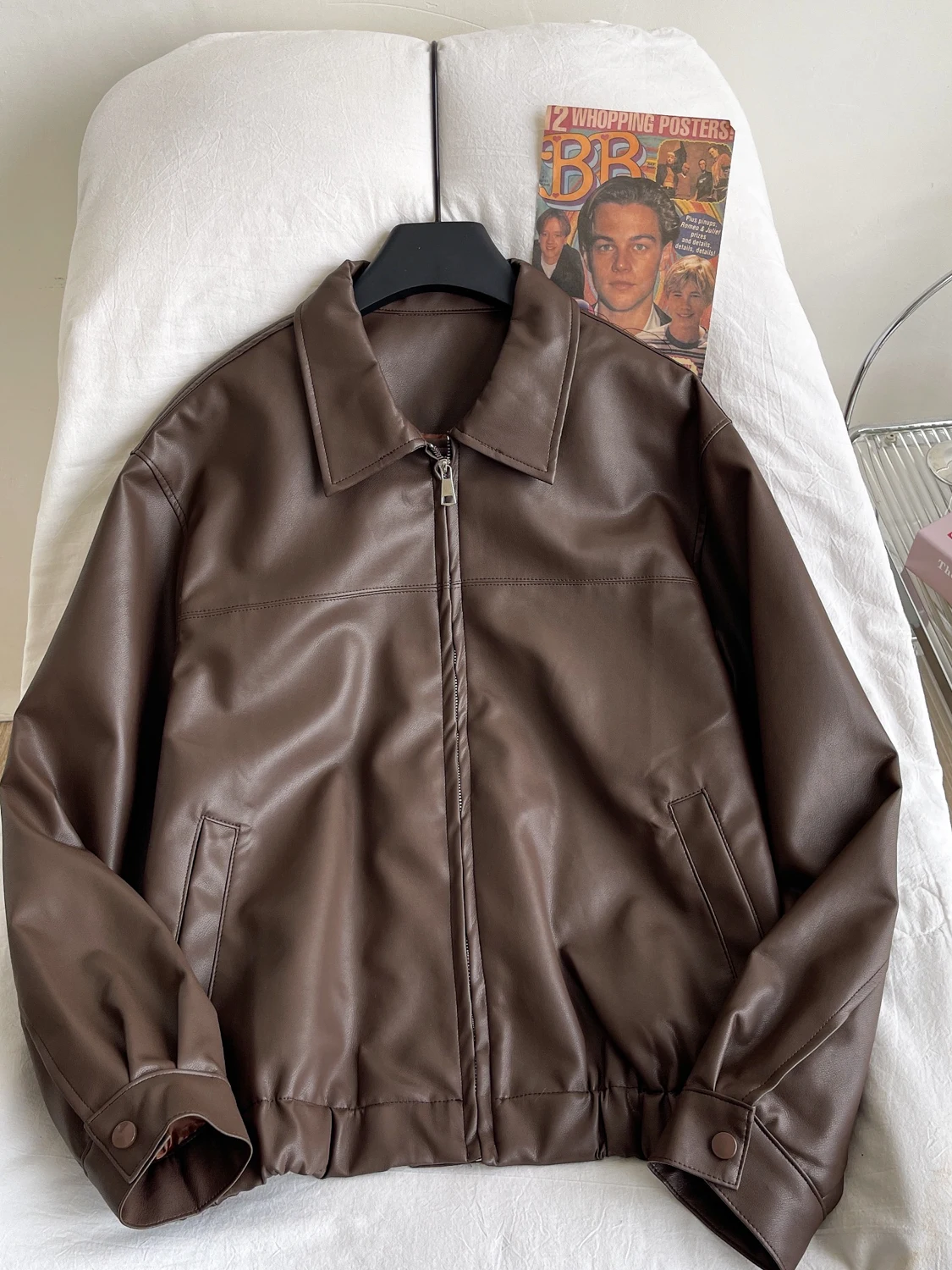 

Women Dark Brown PU Leather Jacket Boyfriend style Motorcycle Cropped Coat Vintage Mustang Jacket Outerwear 2000s Clothes Autumn