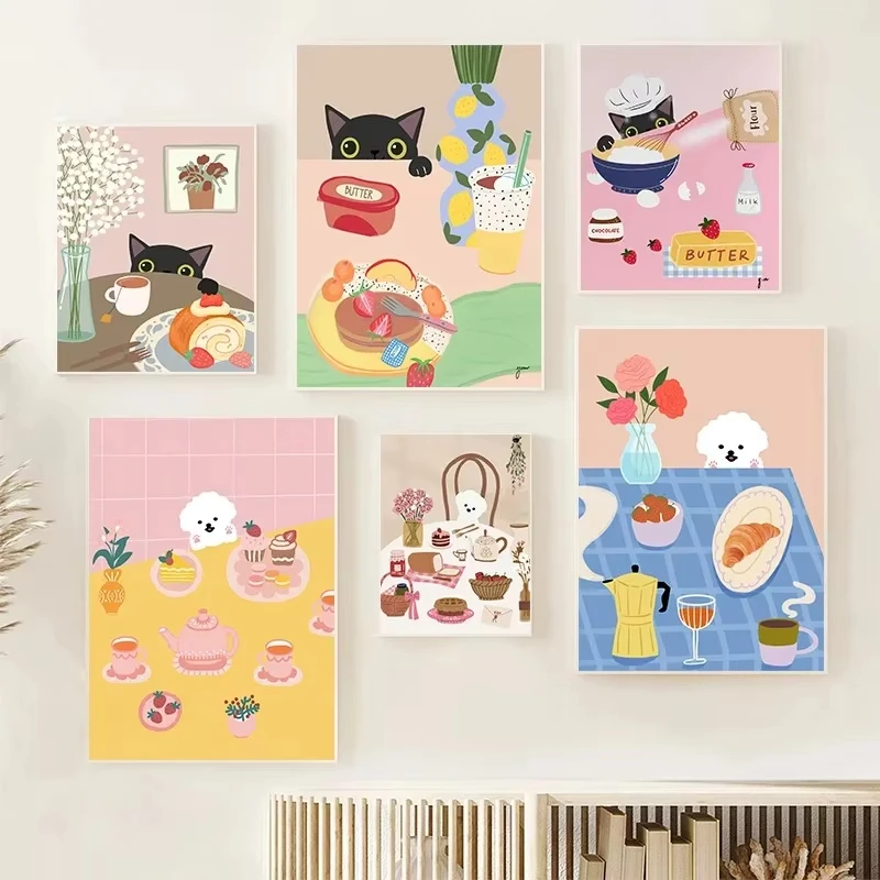 مضحك لطيف القهوة القط الخبز جرو الكرواسون الكلب المشارك والمطبوعات حائط لوح رسم صورة فنية لغرفة المعيشة المطبخ دي