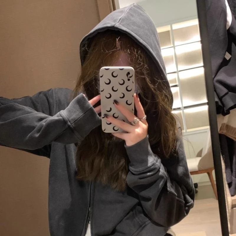 Deeptown Vintage Cropped Hoodie for Women Streetwear Korean Fashion Zip-up Hooded Sweatshirts Harajuku Oversized Hoodies Spring