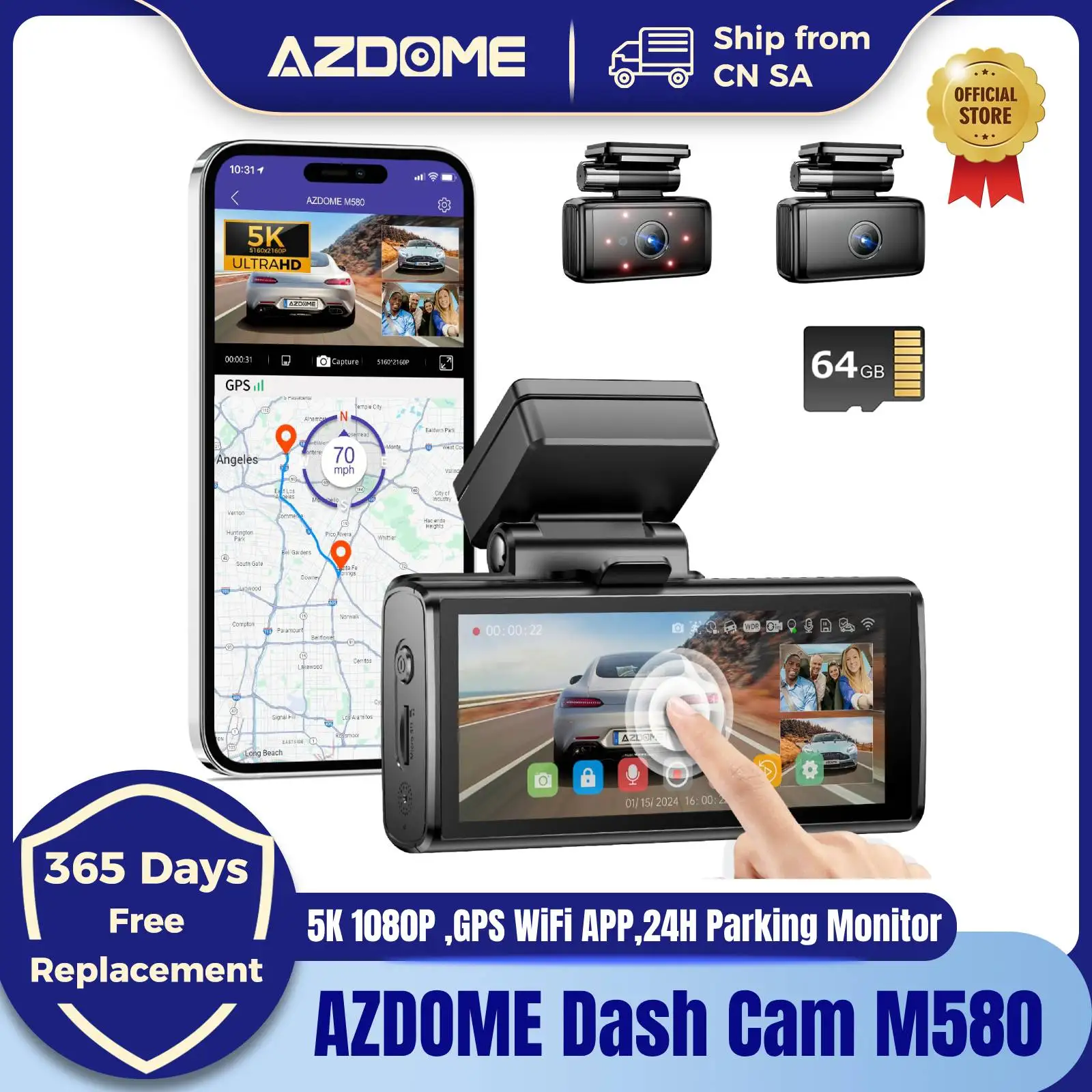 AZDOME M580 Car DVR 5K Dash Cam GPS 2/3 Cameras 1080P Cabin Rear WiFi Free APP Emergency Record Parking Monitor Loop Recording