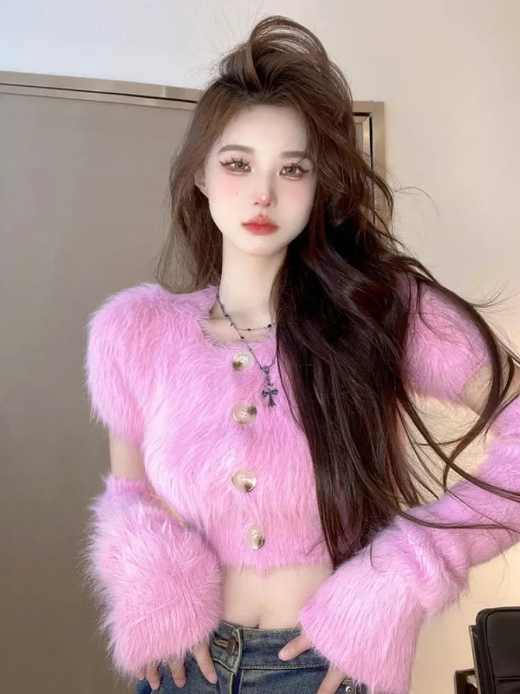 

Sweet Pink Knitted Cropped Cardigan Women Y2k Clothes Fluffy Mink Slim Sexy Sweater Autumn Streetwear Coat Top Spring Jumpers