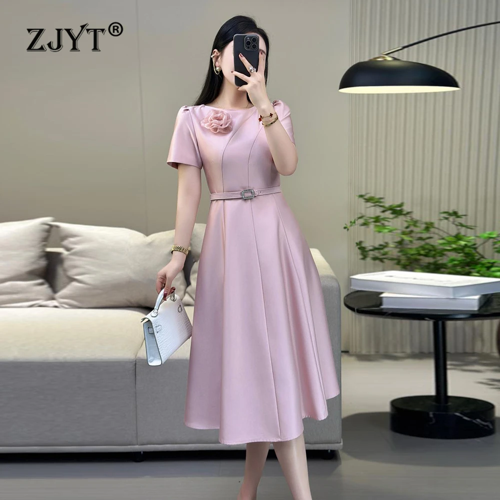 

ZJYT Summer Fashion Women Short Sleeve Pink Dress 3D Floral Elegant Midi Female Party Dresses with Belt Casual Vestidos 2025 New