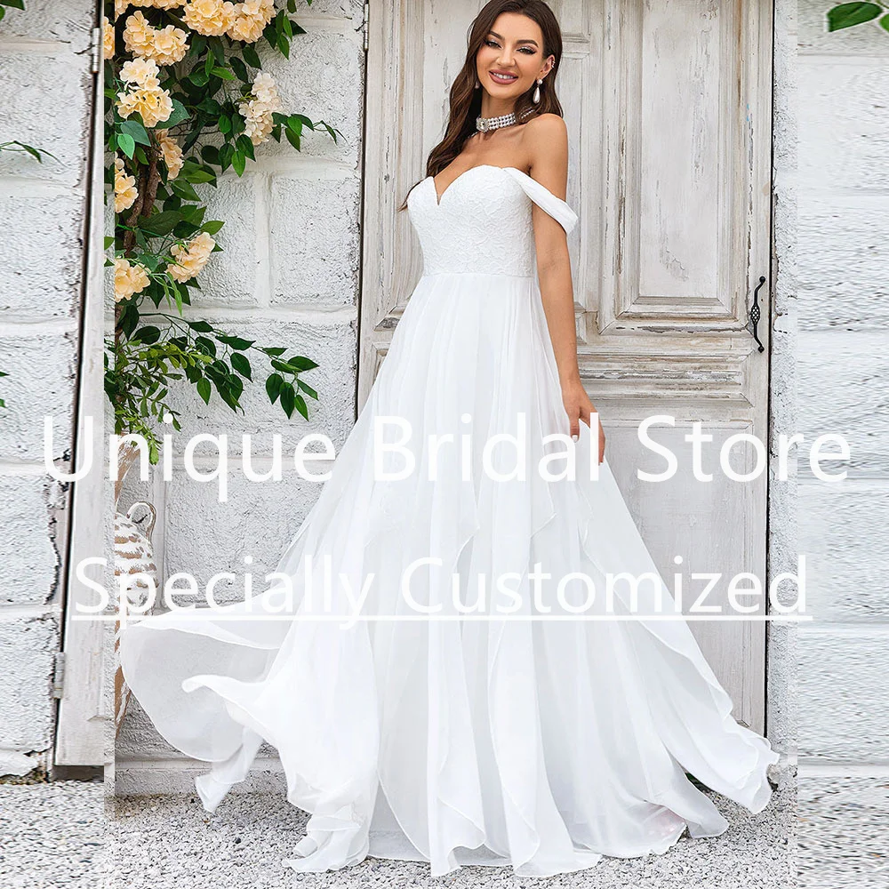 

Elegant Bridal Dress Bride Gown A-Line Off The Shoulder Sweetheart Zipper Romantic Floor Length Chiffon Dresses For Women