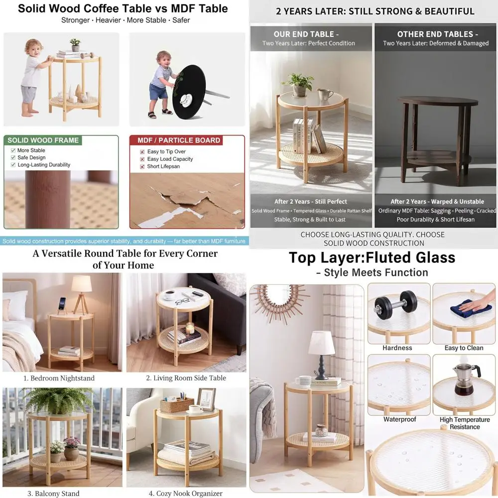 طاولة قهوة مستديرة حديثة من الخيزران، 19.7 طاولة جانبية صغيرة مع سطح زجاجي، مناسبة لمساحات المعيشة الداخلية والخارجية