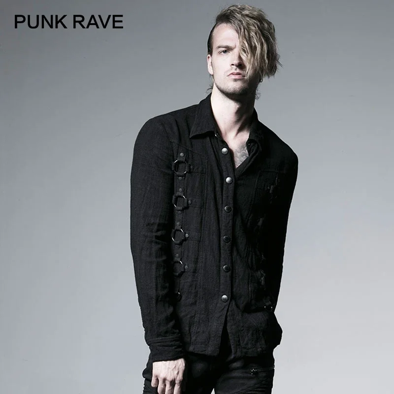 

PUNK RAVE Rock Fashion Curde Grain Punk Heavy Vintage Metal with Iron Hoop Men Black Long Sleeve Shirts Tops Harujuku