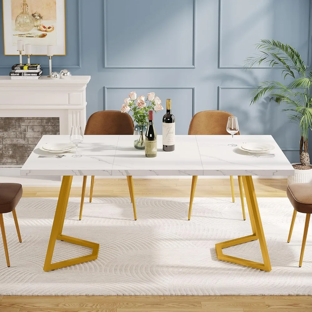 Gold Dining Dinner Table: 55 Inches Modern White Dining Room Table with Golden Legs, Faux Marble Small Kitchen Table