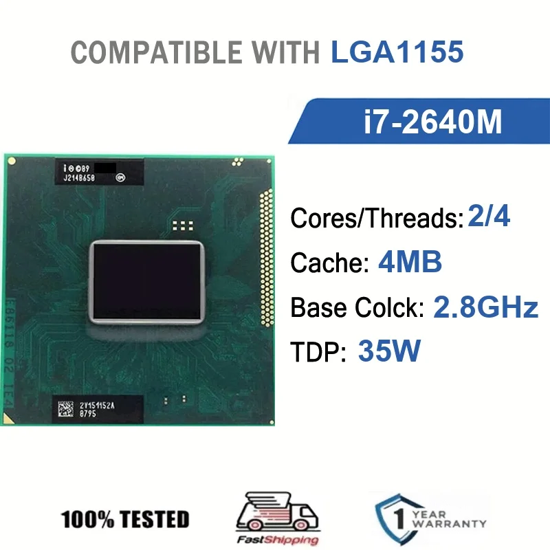 Intel Core i7-2640M 2 núcleos 4 hilos 2,8 GHz 35 W 4 MB de caché 32 nm LGA1155 SR03R DDR3 1066/1333 MHz Sandy Bridge HD Graphics 3000