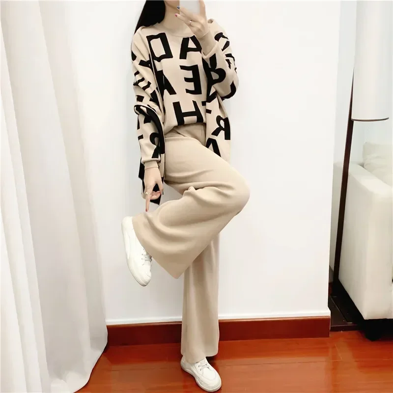 

Women's Knit Letter Sweater Pants and Cape Scarf Sets, Wide Leg Trousers, Winter Clothing, Autumn, 3Pcs Suits, Cappa Wraps