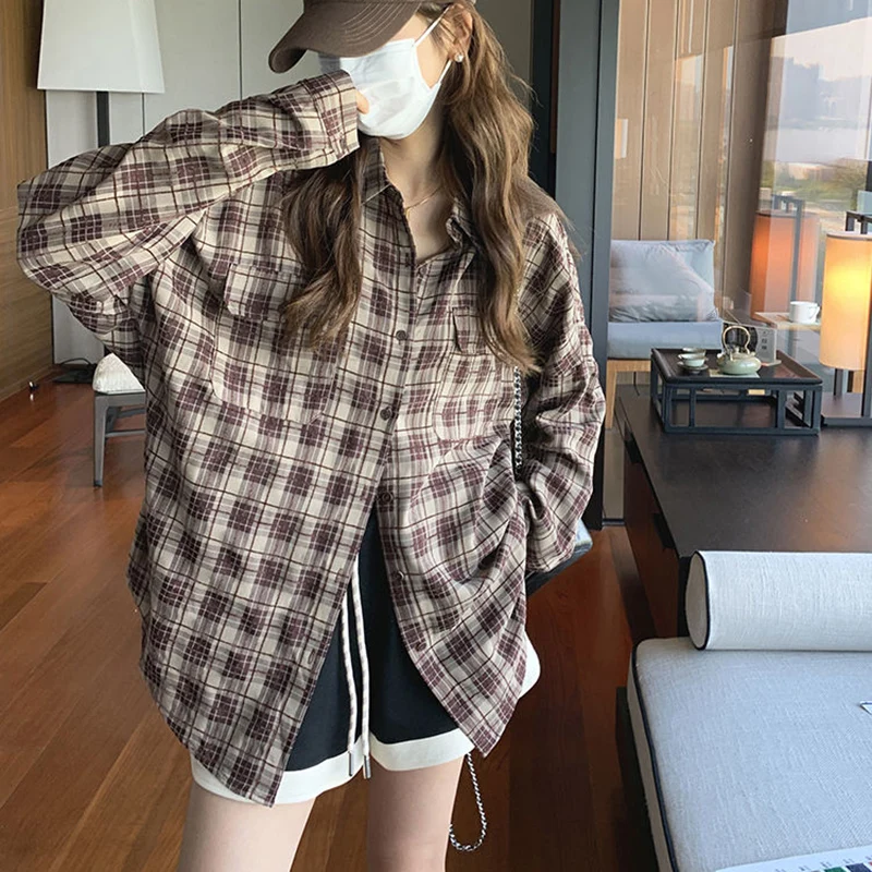 Rimocy Korean Style Plaid Oversized Shirt Women 2025 Harajuku Long Sleeve Vintage Blouse Woman Chic Wild Turn Down Collar Shirts