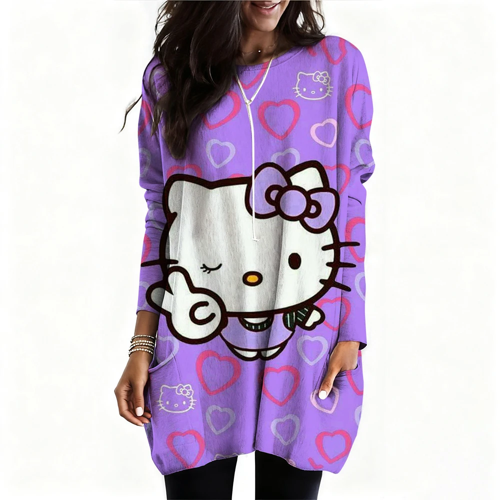 Damska koszulka z długim rękawem z nadrukiem gitary elektrycznej Hello Kitty firmy Sanrio, casualowa, modna na wiosnę/lato, wzór Y2K, z kieszenią.