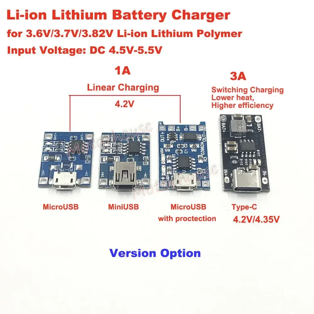 5V Micro USB Mini USB-C 1-3A 1S 3.7V 3.8V Lipo Lithium Li-ion 18650 Battery Charging Board DC Step Down Converter Charger Module