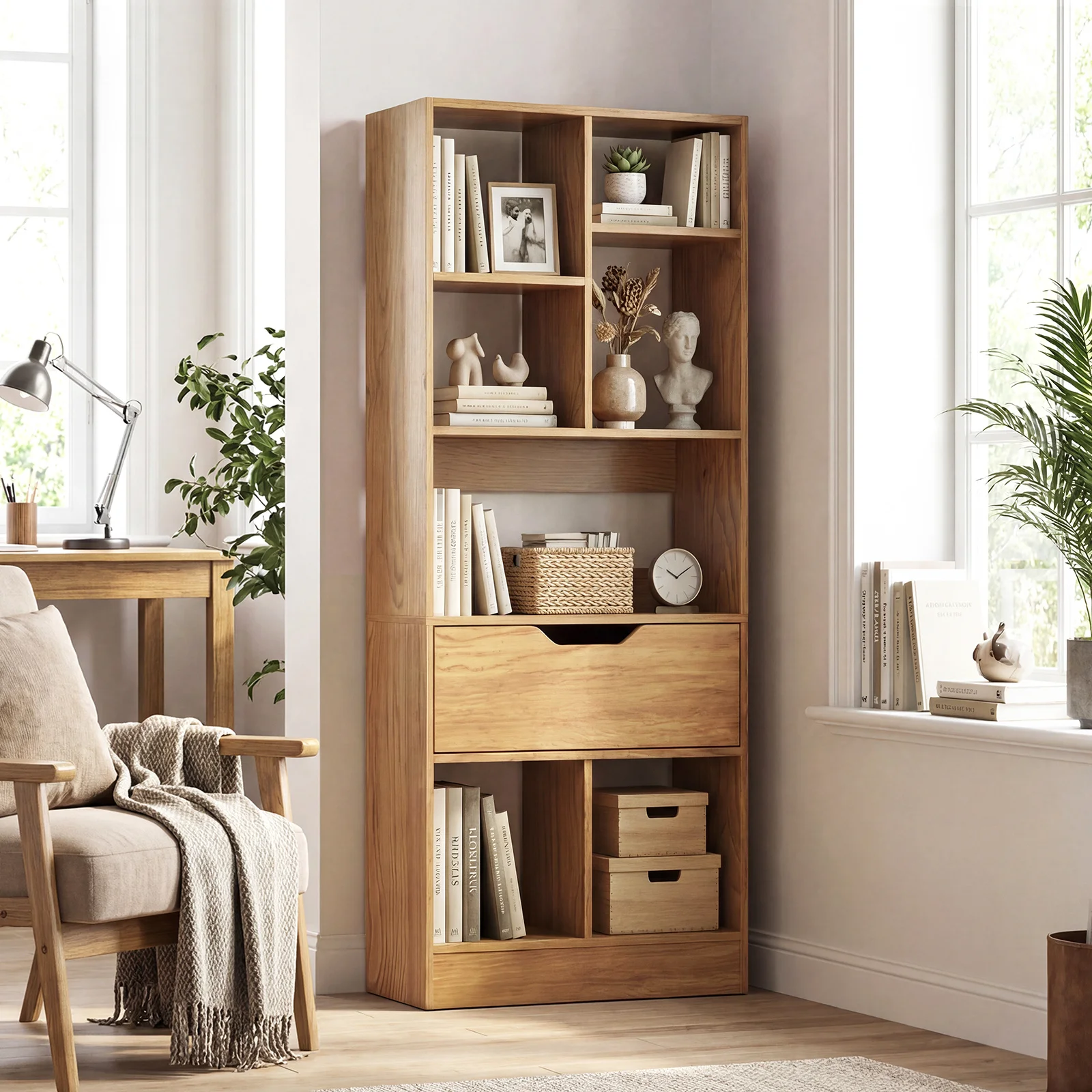 Bookcase with Drawer, 51" Tall Freestanding Storage Organizer with 7 Cubes, Multifunctional Open Bookshelf Display Rack